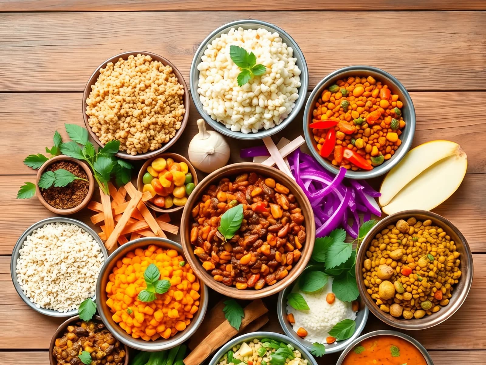 A spread of balanced Indian dishes: dals, grains, sabzi and fresh vegetables
